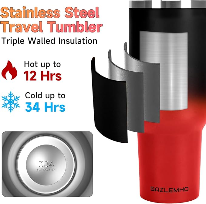 40oz Tumbler with Handle and Straw Spout 2-in-1 Lid, Spill Leak Proof Insulated Travel Cup Traveler Water Mug Keep Cold Hot, Dishwasher Safe Stainless Steel Bottle Gifts for Women Men, Black Red