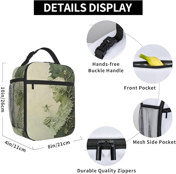 Artistic Men Sage Green Background Insulated Lunch Box for Women and Nature Lovers Oil Painting Style Branch and Leaf Lunch Bag for Travel,or Fishing Polyester Lunch Box