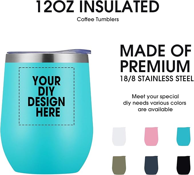Personalized Custom Wine Tumbler Print in USA 12oz Stainless Steel Travel Coffee Cup with Lid & Straw Double Wall Insulated Mug with Colorful Text Logo Photo