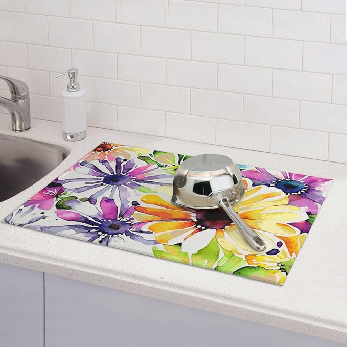 Absorbent Dish Drying Mat For Kitchen Counter, Colorful Flowers Microfiber Dish Drying Pad, Kitchen Gadgets For Easy Clean Multi-Use