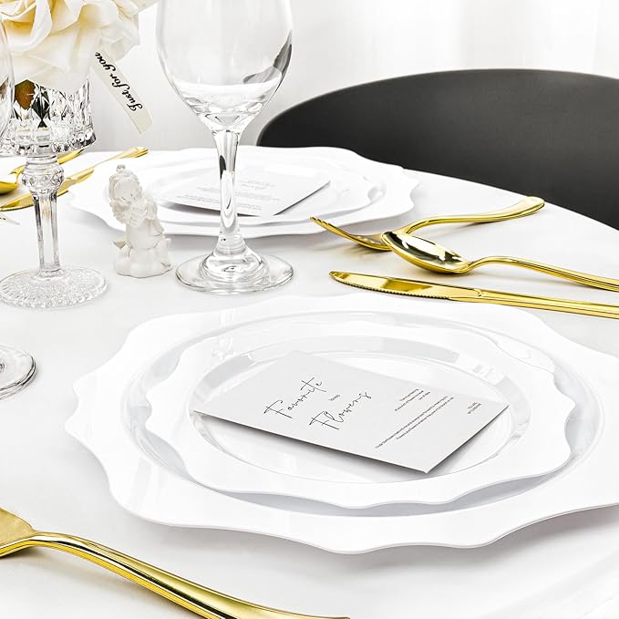 100 PCS White Disposable Plates for 50 Guests, Scalloped Plastic Plates Include 50 Dinner Plates and 50 Dessert Plates for Party, Wedding
