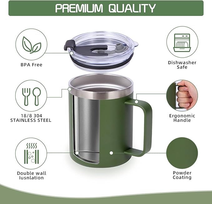 Volhoply 12oz Insulated Leakproof Coffee Mug with Flip&Straw Lid Bulk 2 Pack,Double Wall Vacuum Stainless Steel Travel Tumbler Cup with Handle,Reusable Camping Mugs Keep Cold/Hot(Army Green,2 Set)