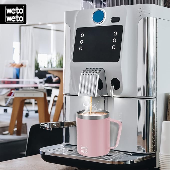 WETOWETO 14 oz Coffee Mug, Vacuum Insulated Camping Mug with Lid, Double Wall Stainless Steel Travel Tumbler Cup, Coffee Mugs Outdoor, Powder Coated Ice Pink
