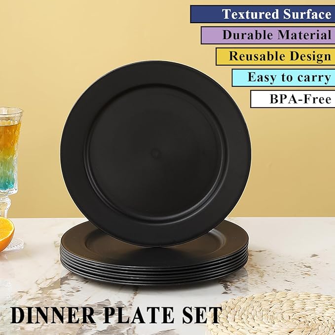 Berglander Black Plastic Plates Set of 8 Pieces 10", Reusable Flat Dinner Plates, Salad Plates, Pasta Bowls, Dishes Set Easy to Carry for Home, Garden, Picnic, Camping, Outdoor