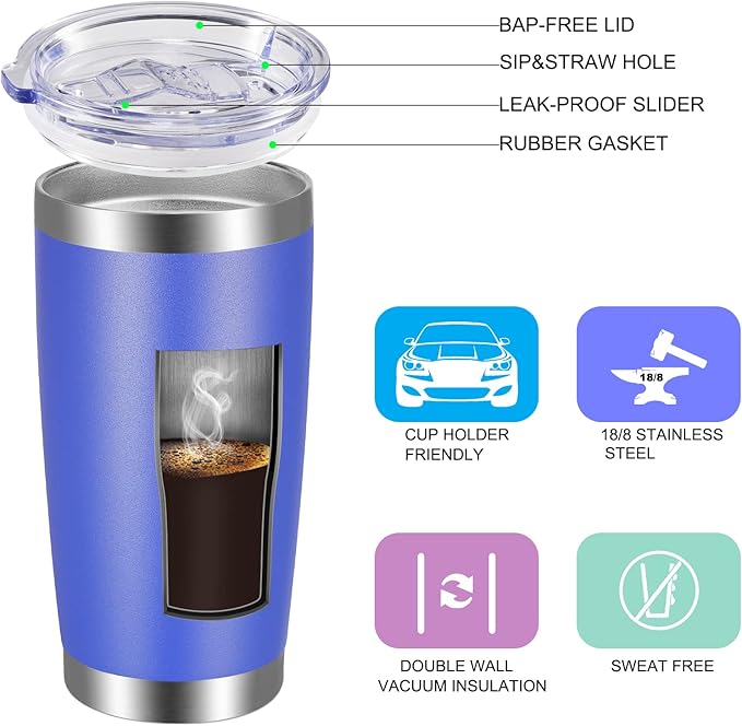 VEGOND 20oz Tumbler with Lid and Straw Stainless Steel Tumbler Cup Bulk Vacuum Insulated Double Wall Travel Coffee Mug Powder Coated Coffee Cup (Bluish Violet 12 Pack)