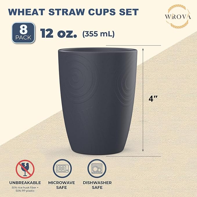 Wheat Straw Cups 8 PCS Good Alternative to Plastic Reusable Cups 12 oz Unbreakable Drinking Cup Reusable Dishwasher Safe Water Plastic Glasses Deep Grey
