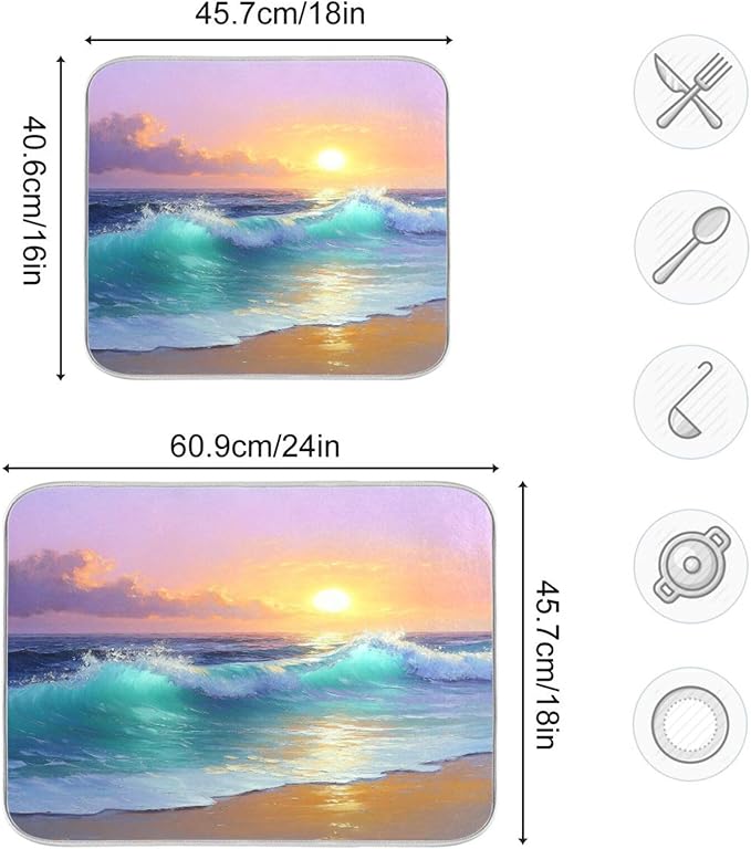 Sun Shines Waves Purple Sky Dish Drying Mat for Kitchen Counter Super Absorbent Dishes Pad Reversible Microfiber Protector Dish Draining Mats 18x24 inch