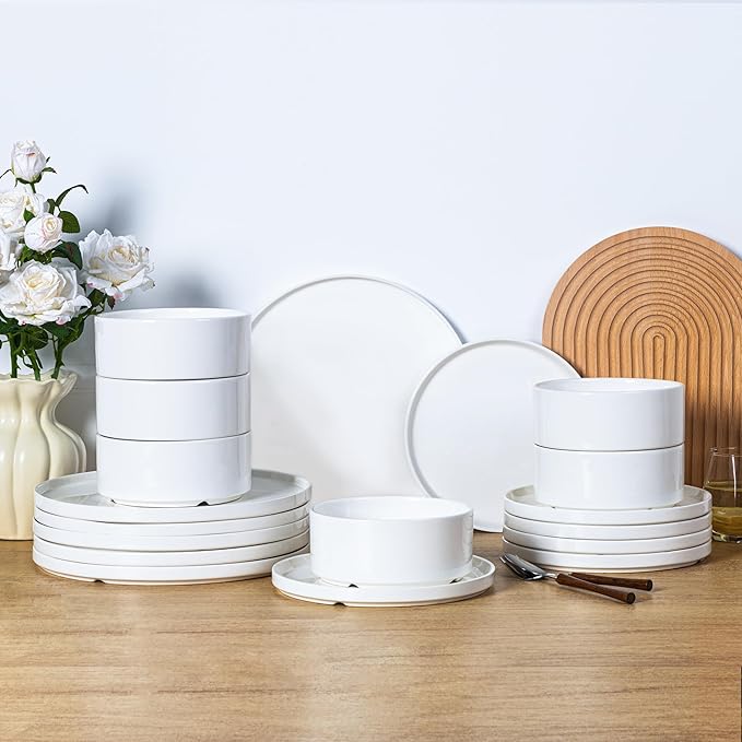 18 Pcs White Porcelain Dinnerware Set for 6, Ceramic Chip and Scratch Resistant Dish Set, Kitchen Plates and Bowls Set - Dishwasher & Microwave Safe, QOMO-1996
