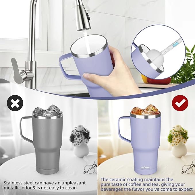 20 oz Insulated Coffee Mug with Ceramic Coating, Stainless Steel Travel Mug Tumbler with Handle Lid and Straw, Double Wall Leak-Proof Coffee Travel Mug Keeps Drink Hot and Cold (Light Purple)