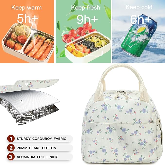 Bluboon Lunch Bag for Women Men Cute Corduroy Lunch Tote Bags Reusable Insulated Lunch Box Large Capacity Reusable Insulated Cooler for Work Picnic or Travel