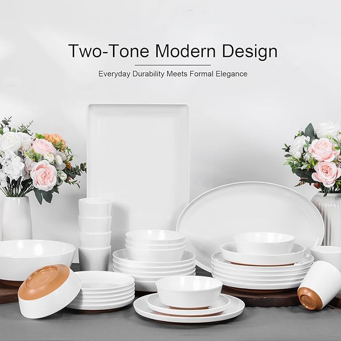 Webbylee 10.25" Melamine Dinner Plates Set of 6 - Durable Serving Dishes Perfect for Kitchen Outdoor Use, Dishwasher Safe,Scratch Resistant-White & Brown