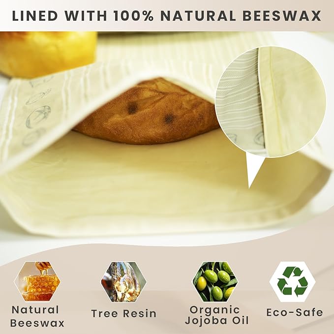 Reusable Beeswax Bread Bags for Homemade Bread (2-Pack）– 12.5” x 17” XL Sourdough Bread Storage Bags, Beeswax Food Bags for Loaf, Sourdough, Freezer & Pantry Use