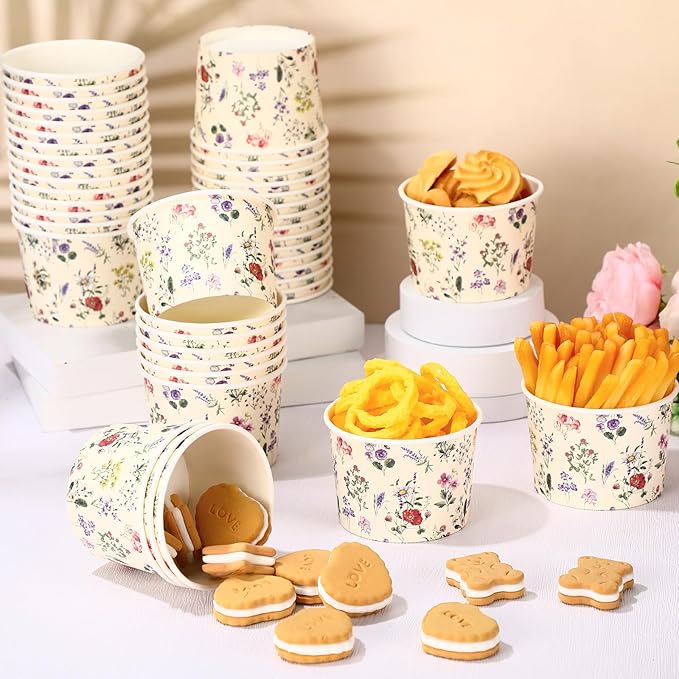 50 Pack Wildflower Treat Snack Cups Floral Paper Ice Cream Cups 9 oz Summer Flowers Disposable Dessert Bowls Paper Soup Bowls for Hot or Cold Food Wedding Baby Shower Birthday Party Supplies