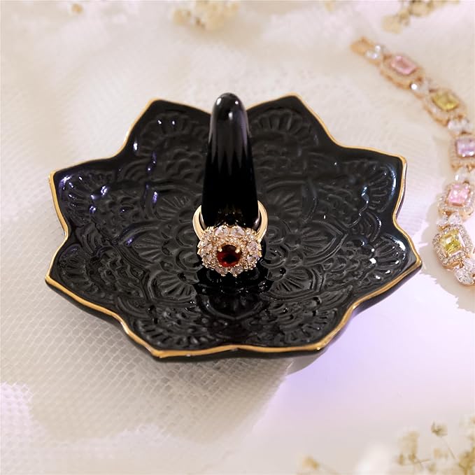 Ceramic Mandala Ring Holder, Decorative Jewelry Dish, Trinket Tray Room Decor, Engagement Wedding Birthday Gifts for Women (Black)