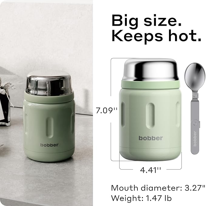 BOBBER 24 oz Insulated Stainless Steel Thermos for Hot Food, Extra-Wide Mouth Soup Container with Spoon and Bowl - Keeps Rice and Pasta Hot for 14 Hours and Salads Cold for 20 Hours (Green)