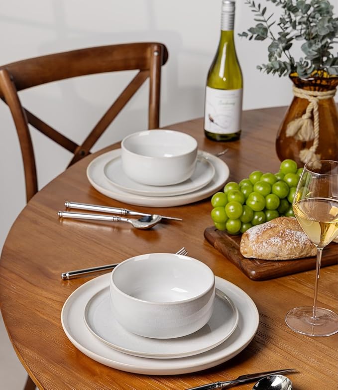 TheTerra Ceramic Dinnerware Sets for 4, 12 Pieces Handmade Reactive Glaze Plates and Bowls Set, Scratch Resistant Dish Set, Oven & Microwave & Dishwasher Safe, Star White