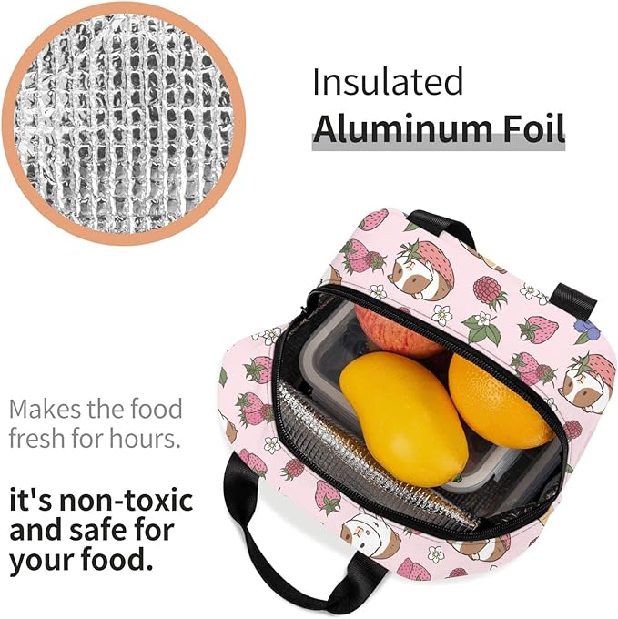 Strawberry Lunch Bag Guinea Pig Insulated Kawaii Lunch Box for Kids Women Men Reusable Pink Lunch Tote for School Office Work Picnic Hiking