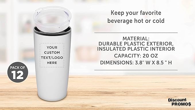 Custom Plastic Tumblers 20 oz. Set of 12, Personalized Bulk Pack - With lids, Ice Coffee Tumbler, To Go Cup, Insulated - White