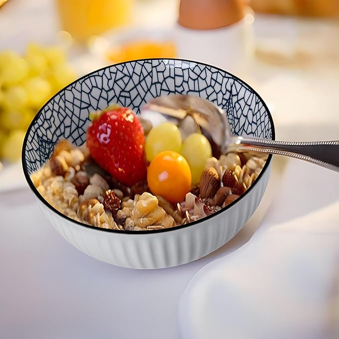 QINLANG 6 Inch Blue and White Porcelain 30 oz Bowls Set of 6 for Soup, Cereal, desserts, ice cream and Rice - Leaf Pattern