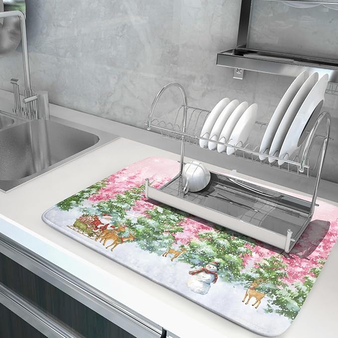 Winter Dish Drying Mats for Kitchen Counter Watercolor Forest Decoration Coffee Mat for Holiday Decor
