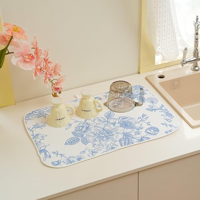 Baby Blue Chinoiserie Floral Dish Drying Mat 18 x 24 inch Vintage Flower Decorative Drying Mats Microfiber Absorbent Dish Washable Draining Mat for Kitchen Counter Decor