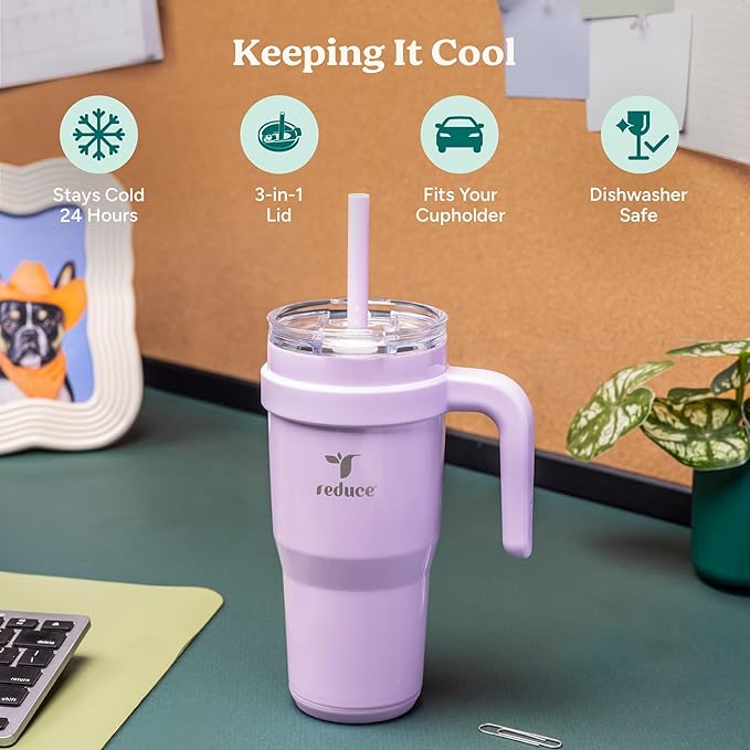 REDUCE 24 oz Stainless Steel Tumbler with Handle - Dual-Wall Vacuum Insulated Travel Mug, Sweat-Proof Lid & Reusable Straw - Keeps Drinks Cold for 24 Hrs, Fits Cupholders, Dishwasher Safe - Sea Glass