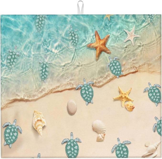 Sea Turtles Beach Dish Drying Mat for Kitchen Counter Washable Absorbent Reversible Microfiber Teal Nautical Decor Drying Pad Kitchen Accessories 16x18 Inch Yellow