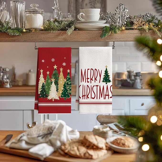 Artoid Mode Red Star Xmas Tree Merry Christmas Bar Kitchen Towels, 12x24 Inch Quick Dry Microfiber Cloth Dish Towels for Kitchen Drying Set of 2