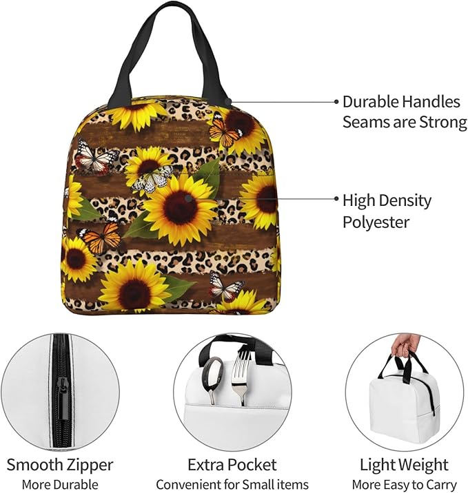 Butterflies Lunch Bag Leopard Print Sunflower Insulated Lunch Box for Women Men Reusable Lunch Tote for Office Work Picnic Hiking