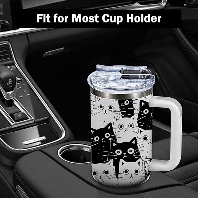 Cat Gifts for Women Girls Funny Black Cat Cup Tumbler with Handle 30oz Everything Is Fine Cats Themed Insulated Travel Coffee Mugs Cool Gifts for Cats Lovers Mom Christmas Birthday Present