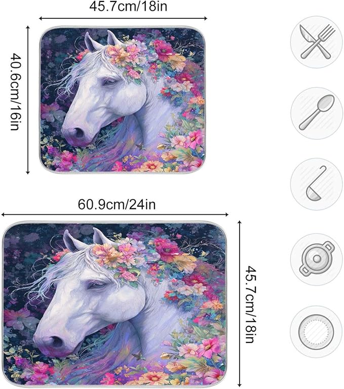 White Horse with Colorful Flowers Dish Drying Mat for Kitchen Counter Super Absorbent Dishes Pad Reversible Microfiber Protector Dish Draining Mats 18x24 inch