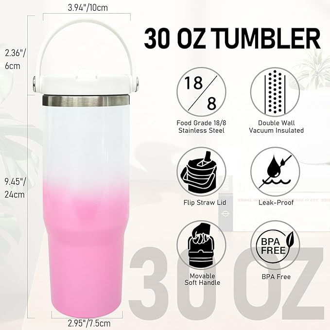 30 oz Tumbler with Handle and Straw, Vacuum Insulated Tumblers with Flip Straw and Top Handle, Leakproof Tumbler, Stainless Steel Travel Mug for Coffee Water, Cold for 20 Hours(Pink White Gradient)