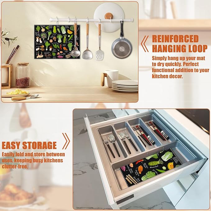 Vegetables Dish Drying Mat for Kitchen Counter Microfiber Absorbent Dish Kitchen Drying Mat Draining Reusable Washable for Dishes/Utensils/Counterto