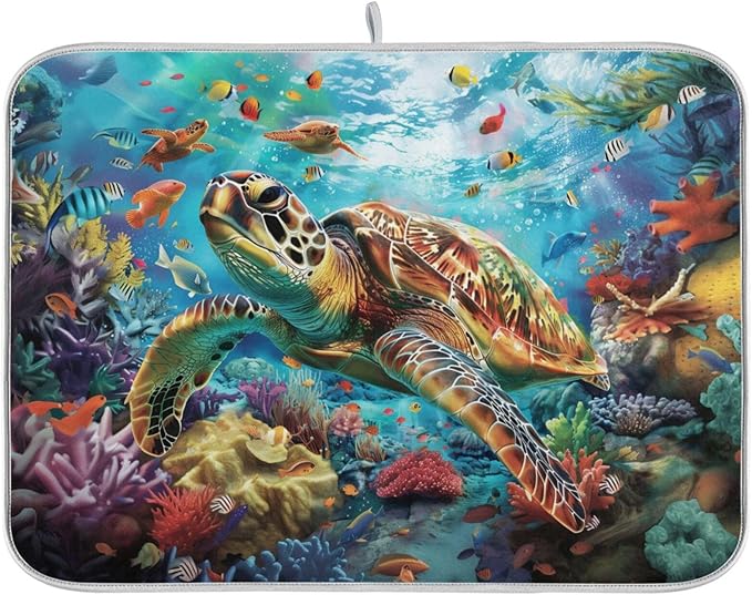 Sea Turtle Coral Fish Dish Drying Mat for Kitchen Counter Super Absorbent Dishes Pad Reversible Microfiber Protector Dish Draining Mats 16x18 inch