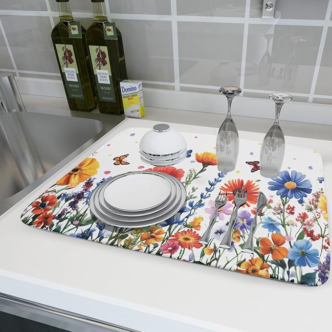 Watercolor Flower Dish Drying Mat 18x24 Inch Floral Butterfly Dish Drainer Protector Pad Washable Reversible Kitchen Counter Dish Dry Pad