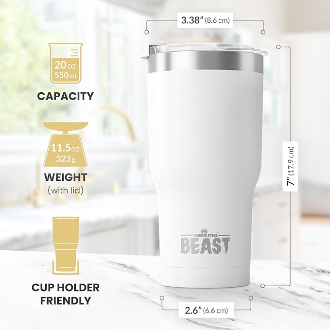 Beast 20 oz Tumbler Stainless Steel Vacuum Insulated Coffee Ice Cup Double Wall Travel Flask (Arctic White)
