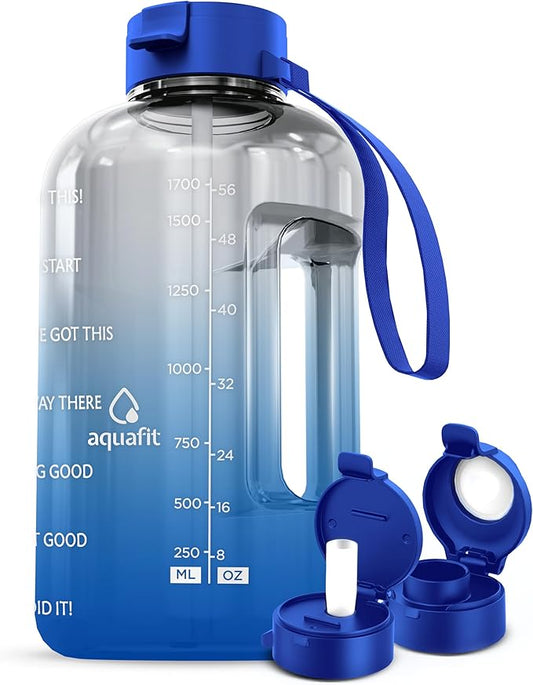 AQUAFIT Half Gallon Water Bottle with Time Marker - Straw & Chug Lid - BPA Free Gym Water Bottle with Straw - Big Gallon Jug (Blue Skies, 64 oz - 2 Lids)