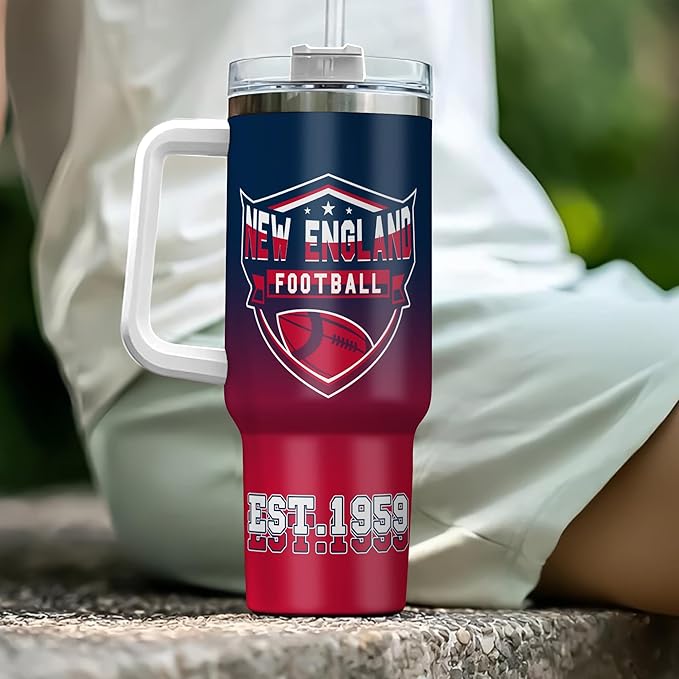 Personalized Football Tumbler with Handle & Straw, 40oz Stainless Steel Insulated Travel Mug, Custom Name & Number Cup, Game Day Coffee Fan Gift (New England)