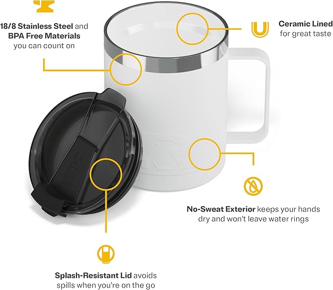 RTIC 12oz Essential Coffee Mug with Lid and Handle, Insulated, Ceramic Lined, Stainless Steel, Metal, Double Wall Vacuum-Insulation, Portable, Travel Cup for Hot and Cold Drink, White