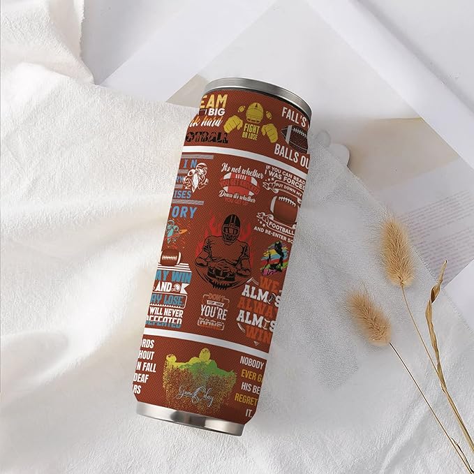 Football Tumbler Cup With Lid - Travel Mug, Birthday Gift for Football Lovers - Stainless Steel Vacuum Coffee Cup for Women Men, 17 Oz