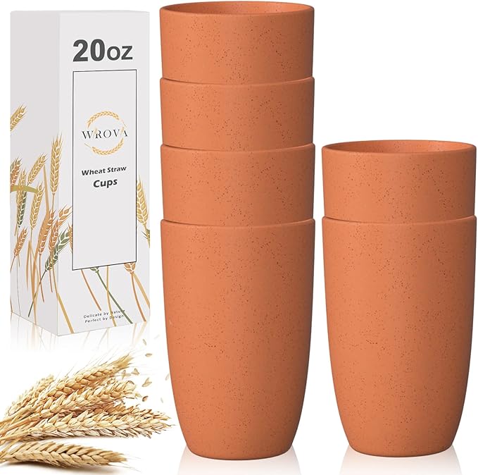 Wrova Wheat Straw Cups 6 PCS Good Alternative to Plastic Reusable Cups 20 oz Unbreakable Drinking Cup Reusable Dishwasher Safe Water Plastic Glasses Orange