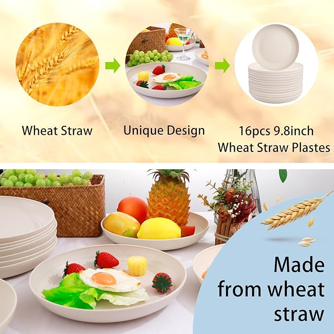 supernal 16pcs Lightweight Wheat Straw Plates,Unbreakable Plastic Dishes,Microwave Dishwasher Safe Party Plastic Dish,Beige Reusable Dinner Plates, Wheat Straw Dinnerware for Picnic,Birthday,Camping