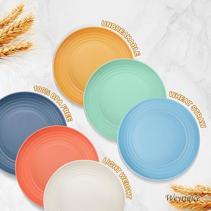 12PCS Unbreakable Dinner Plates, Dishwasher & Microwave Safe Plastic Plates Reusable, Lightweight Wheat Straw Plates for kitchen (Dopamine, 10 IN)
