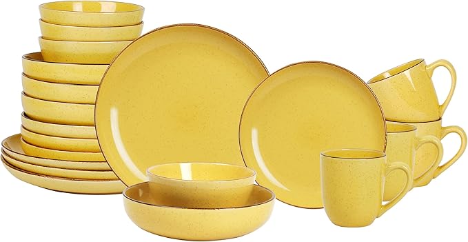 Eur-Nordic Shape Raising Rim 20pc Dinnerware Set, Shiny Glaze Yellow with Speckle Effect