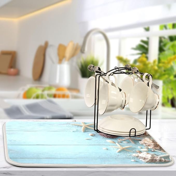 Blue Wooden Seashells and Starfish Dish Drying Mat for Kitchen Counter Super Absorbent Dishes Pad Reversible Microfiber Protector Dish Draining Mats 18x24 inch