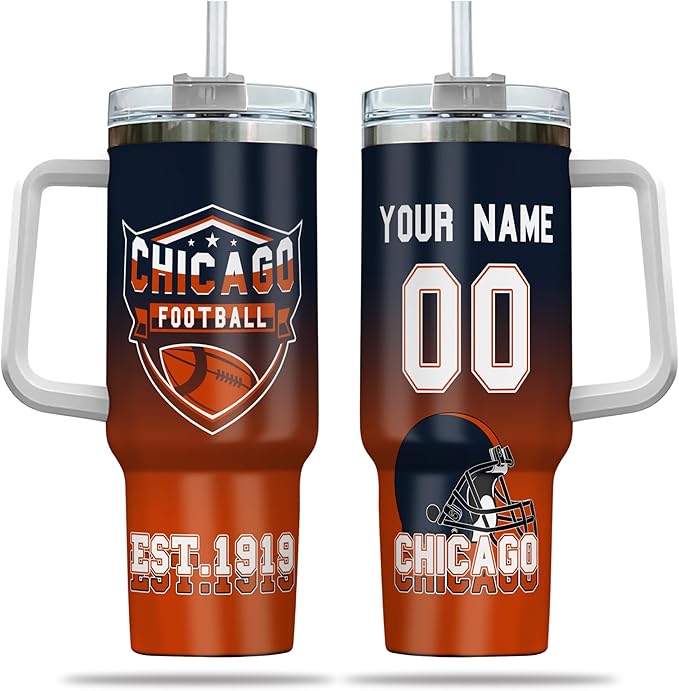 Personalized 40oz Football Stainless Steel Tumbler with Handle & Straw, Custom Insulated Travel Mug, Add Name & Number Cup, Coffee Gift for Sports Fans (Chicago-01)