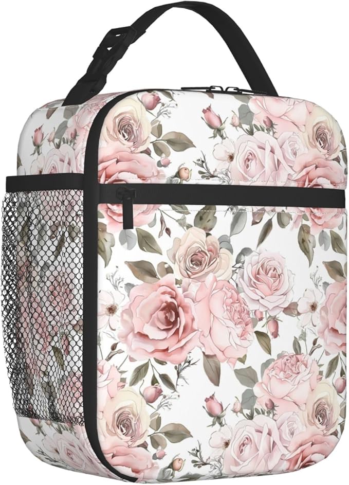 Reusable Floral Rose Lunch Box for Kids Girls Boys Women Adult, Insulated Pink and White Flower Lunch Bag,Polyester Cooler Art Handbags Case for School Picnic Work Travel Beach or Hiking