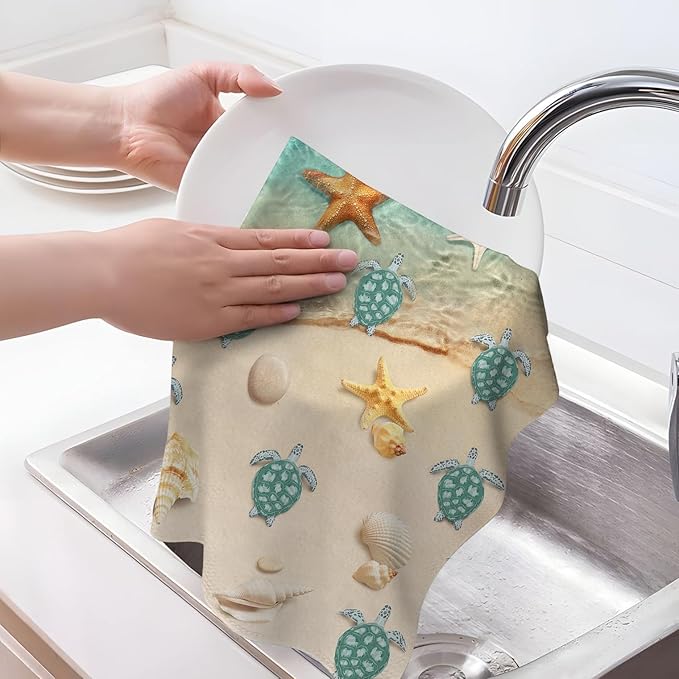 Sea Turtles Beach Kitchen Towels Decorative Set of 2 Teal Nautical Coastal Hand Towels for Kitchen Bathroom Bar Absorbent Dish Clothes Summer Ocean Themed Holiday Decor 16x24 Inch