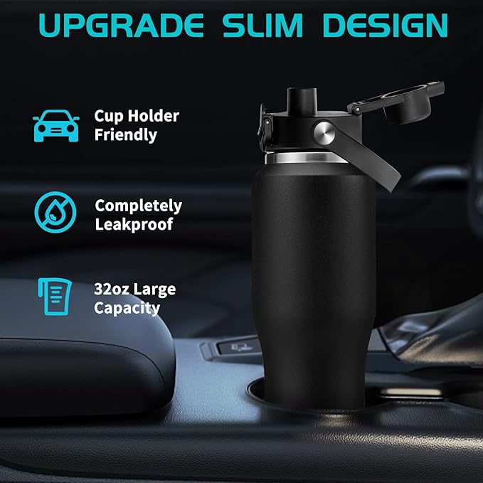 32oz Stainless Steel Water Bottle, Cold-48H & Hot-24H, Water Flask Thermal with Straw & Spout Lids, Pouch, Vacuum Insulated Bottle for Father's Day Gift Black