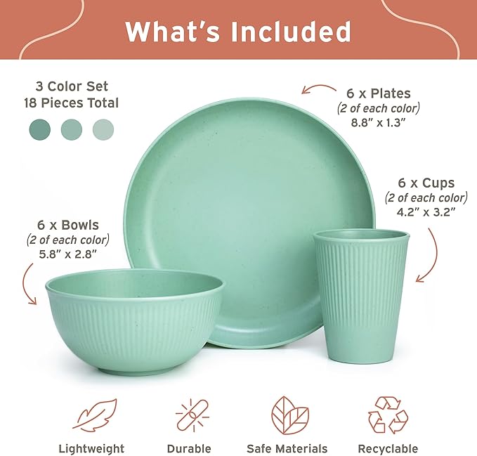 Wheat Straw Dinnerware Sets for 6, Microwave and Dishwasher Safe, Reusable and Durable, Unbreakable Cups, Plates and Bowls Sets, Lightweight Dishes for Kitchen, RV, Camping, Kids, 18-piece Sage